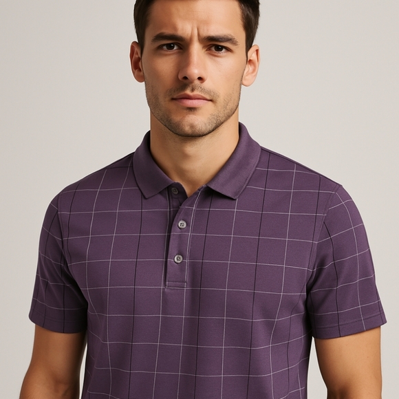 Van Heusen Geometric Pattern Polo Shirt Purple With Black Gray Check XL - Picture 1 of 8